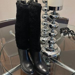 Ugg Tall Black Ava Exposed Fur Leather Knee High Heels Boots Size 8